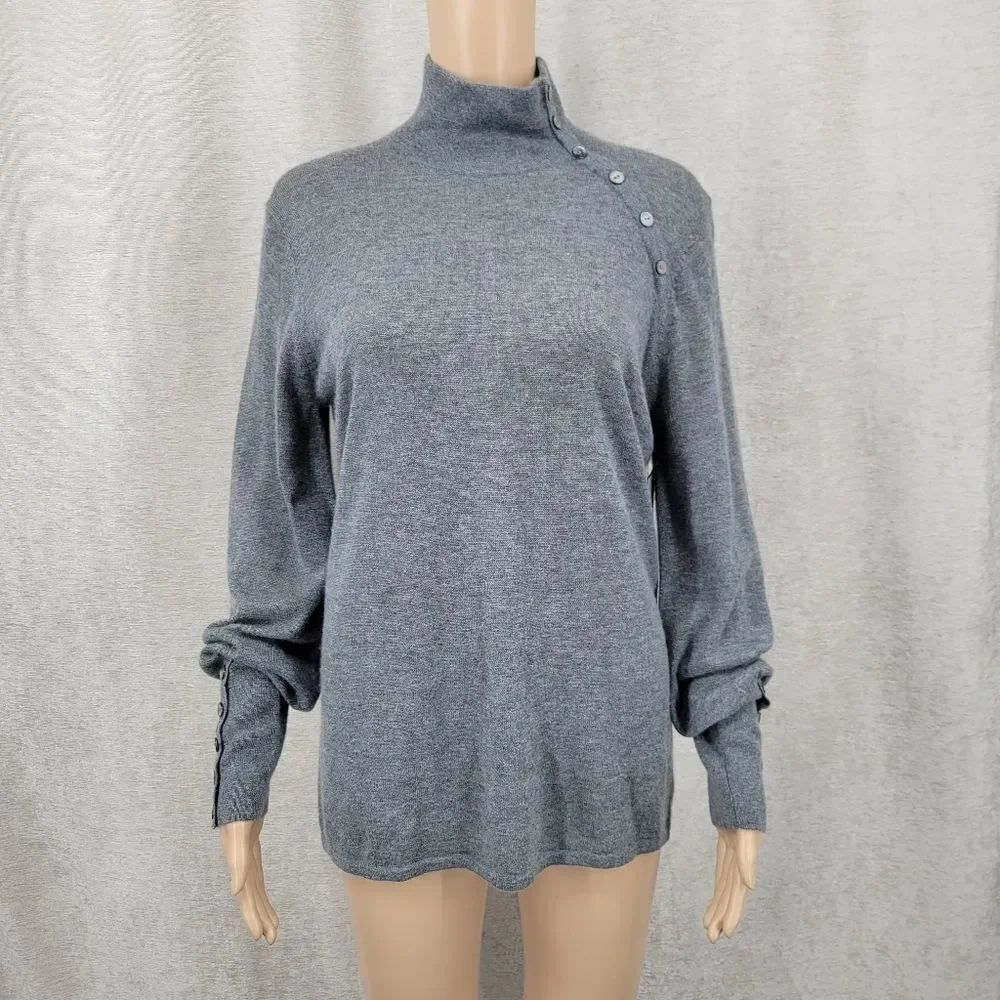 Classiques Entier Cashmere Gray Button Detail Turtleneck Sweater NEW